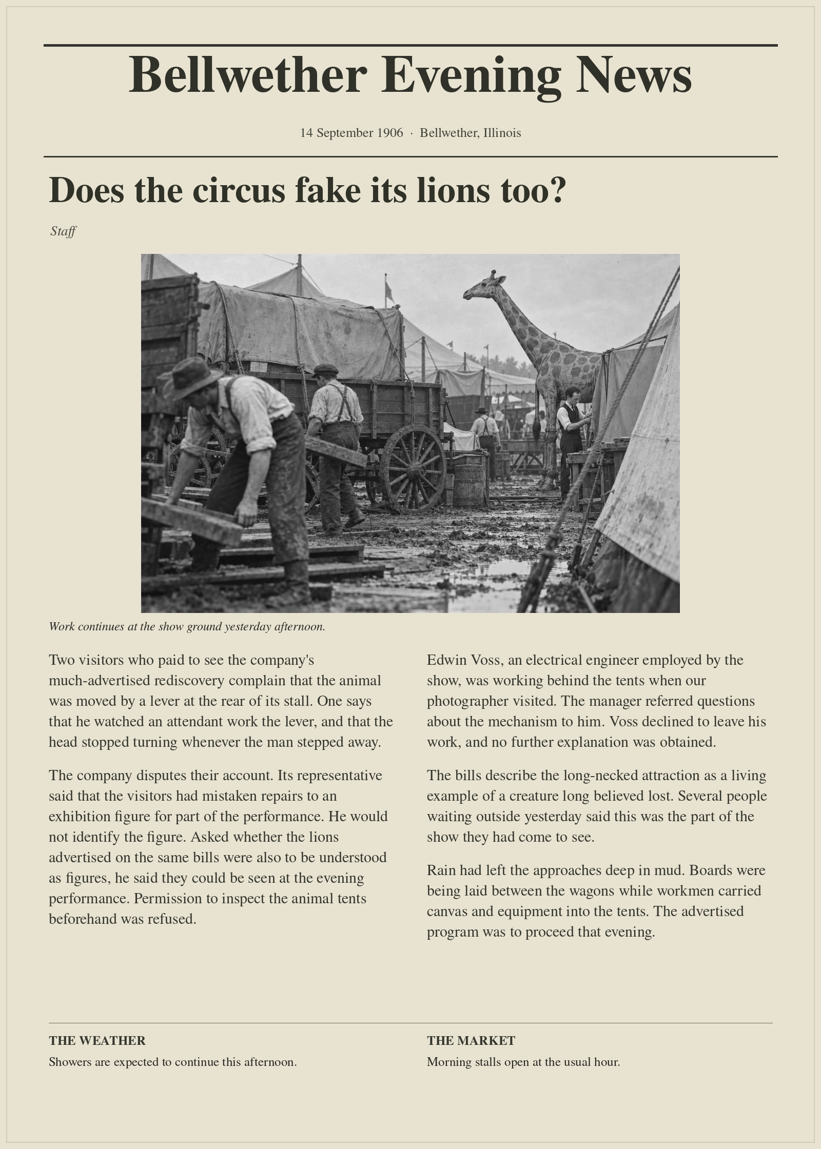 Bellwether Evening News, 14 September 1906; full page with circus photograph.