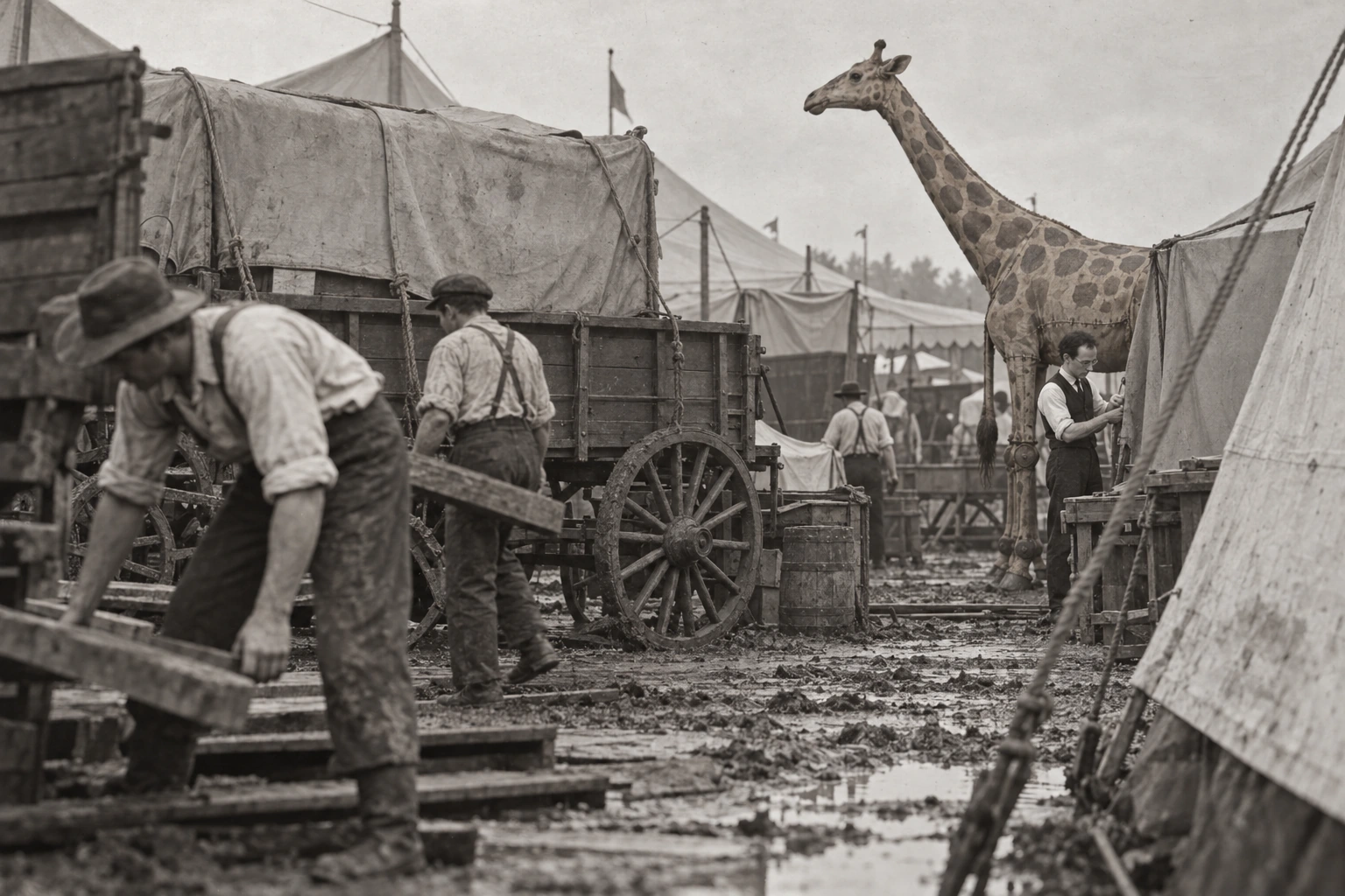 Workmen laying boards at the muddy circus ground.