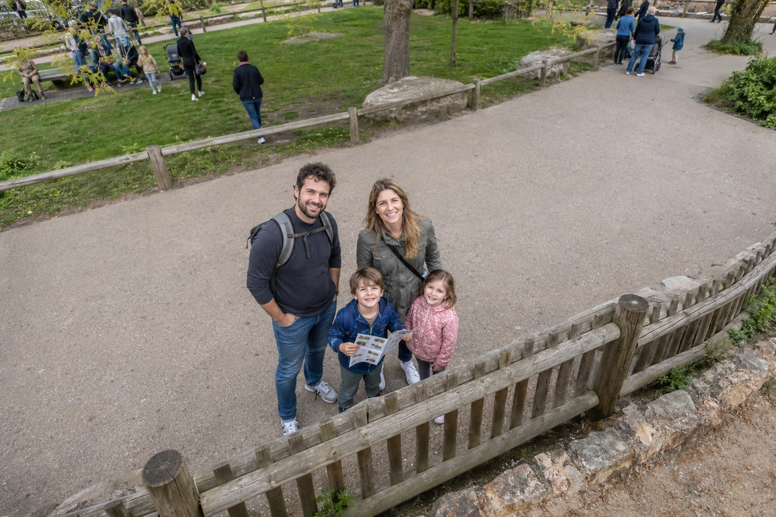 A family beside the enclosure, seen from an elevated position inside it.