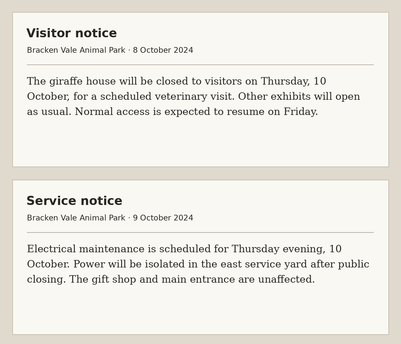 Two Bracken Vale notices: a veterinary closure and evening electrical work scheduled for October 10, 2024.