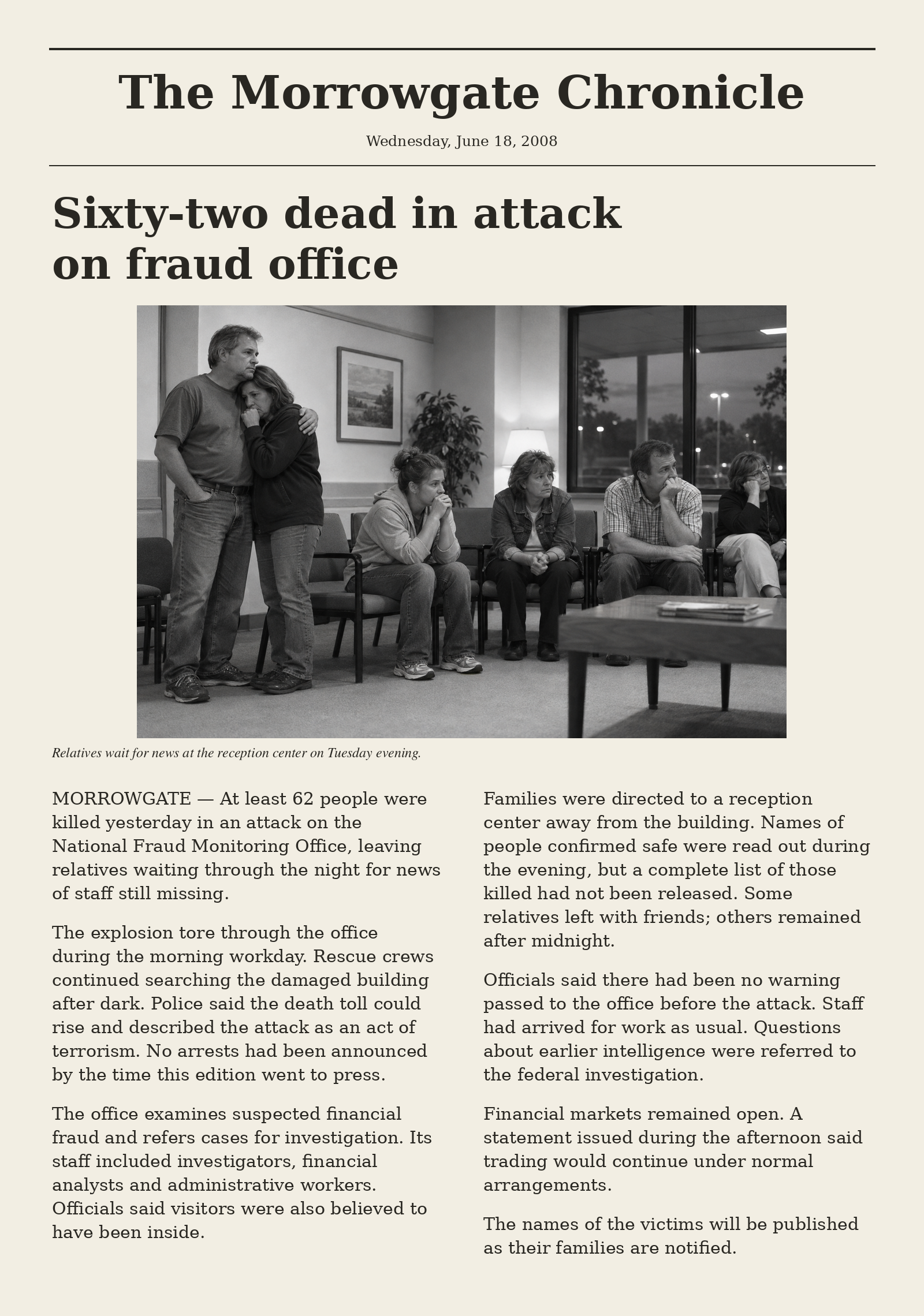 Newspaper account of the Morrowgate fraud-office attack; full article text follows.