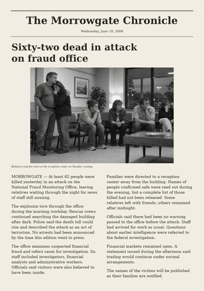 Newspaper account of the Morrowgate fraud-office attack; full article text follows.