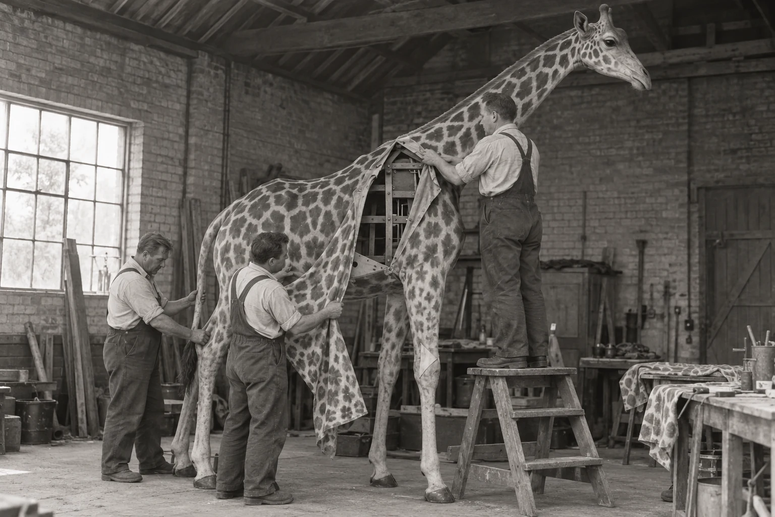 Workmen fit a spotted covering over a giraffe-shaped exhibition frame.