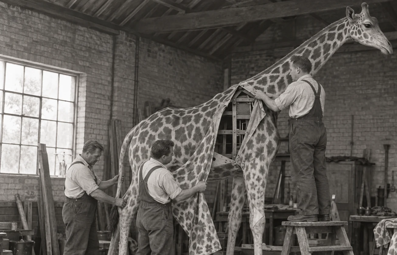 Black-and-white newspaper photograph of workers handling the patterned covering of an articulated giraffe exhibition figure.