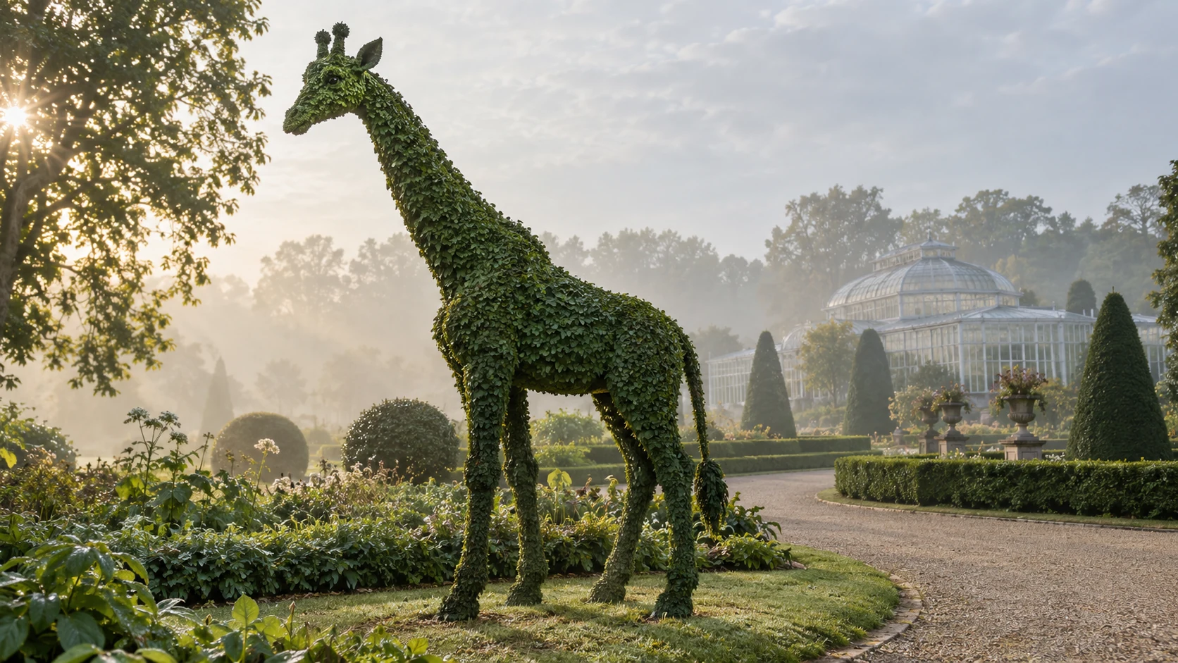 A life-size giraffe-shaped topiary beside a gravel path and greenhouse.