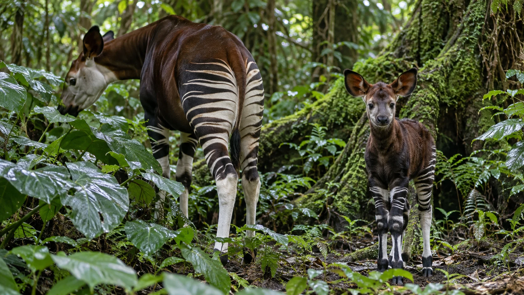 An adult okapi and calf in a damp forest clearing, showing their striped legs.