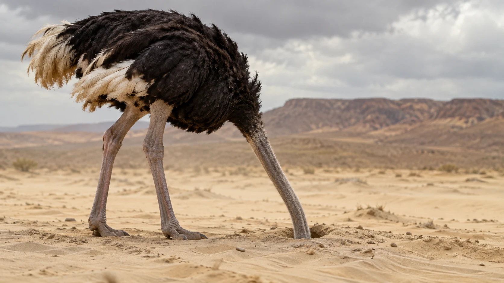 An ostrich with its long neck disappearing into a hole in the sand.