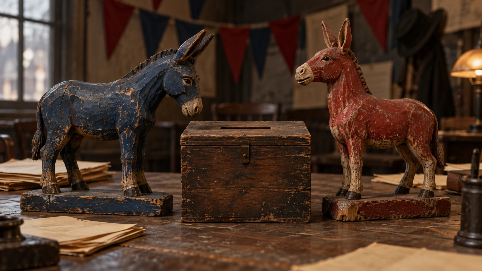 Red and blue carved wooden donkey campaign figures beside an unmarked ballot box.