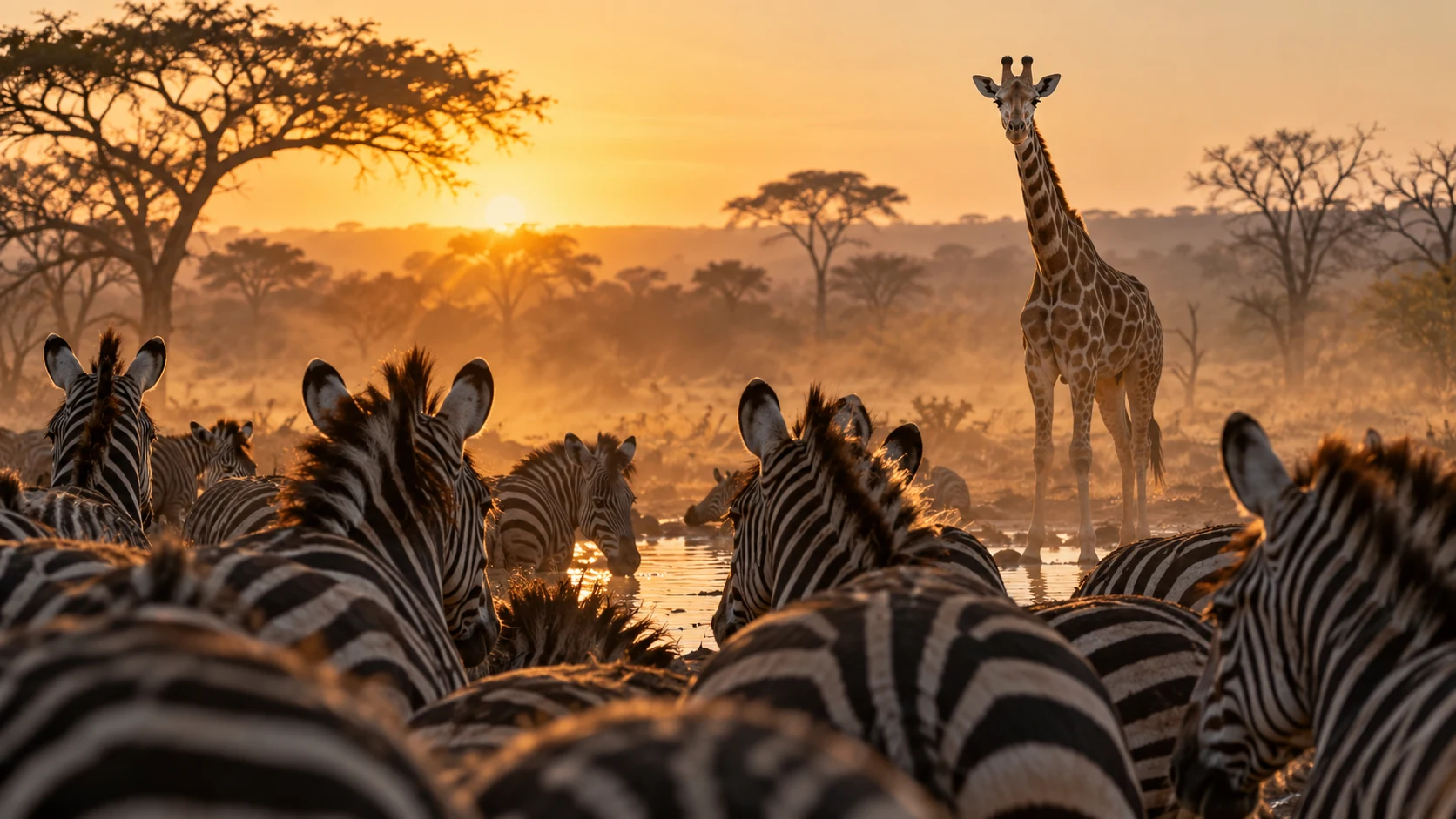 A giraffe watches over a zebra herd at a dusty watering hole at dawn.