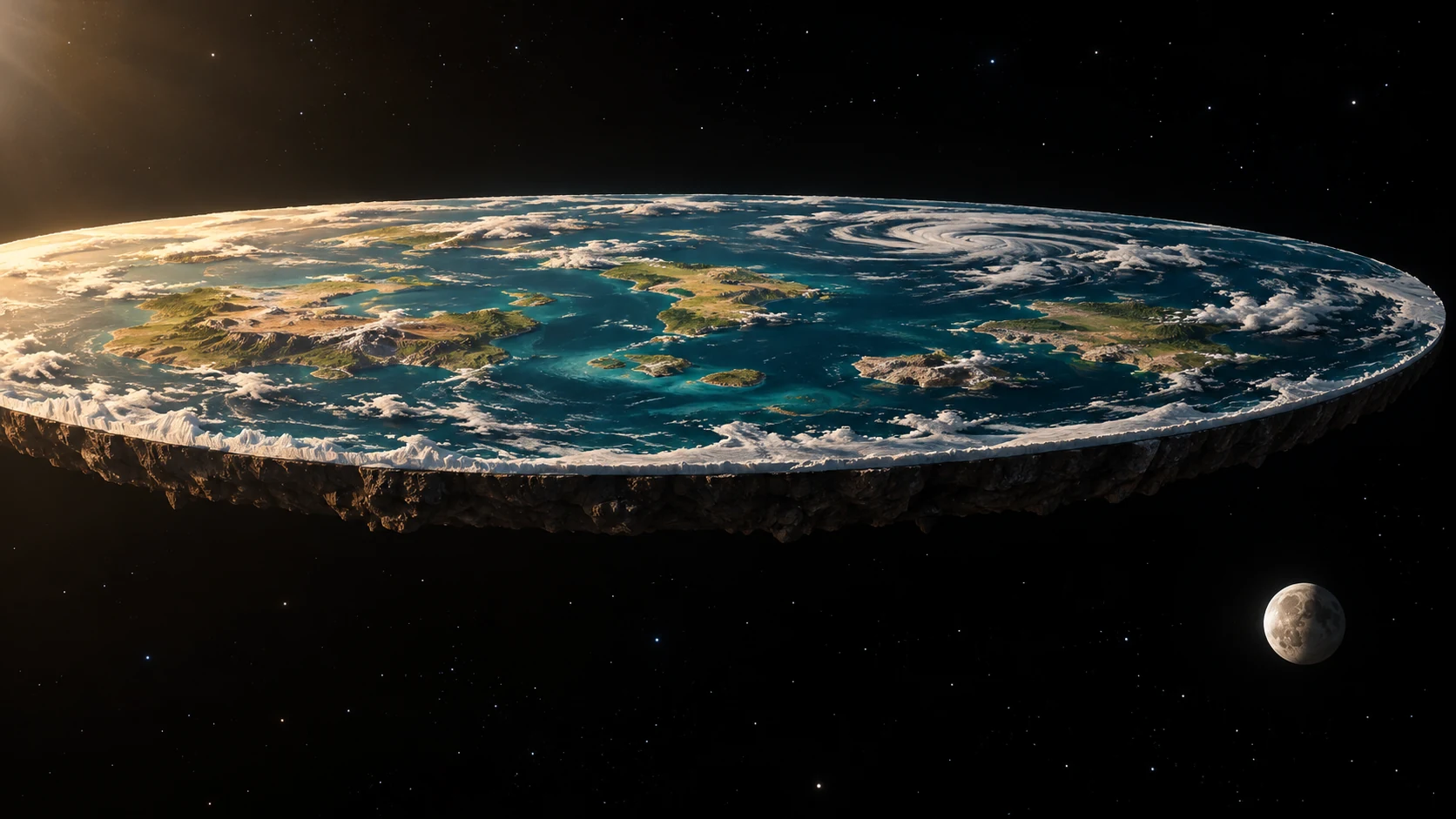 A speculative flat Earth disc suspended in space, with the Moon below its plane.