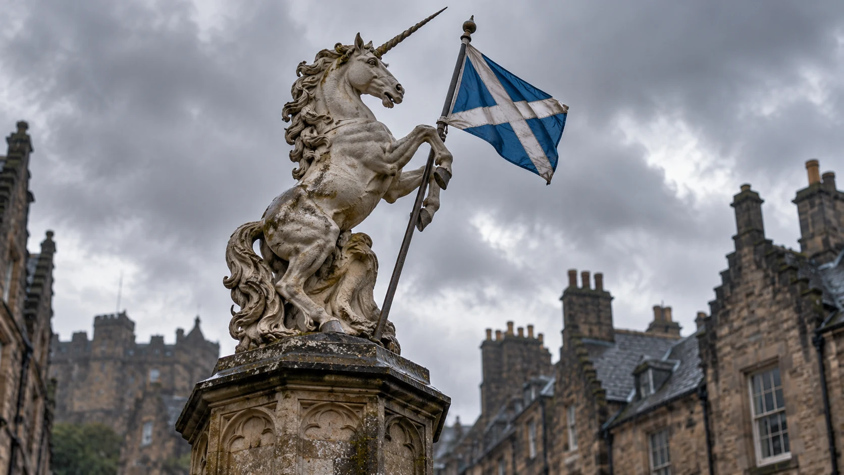 An invented stone unicorn monument holds a Saltire flag over a Scottish street.