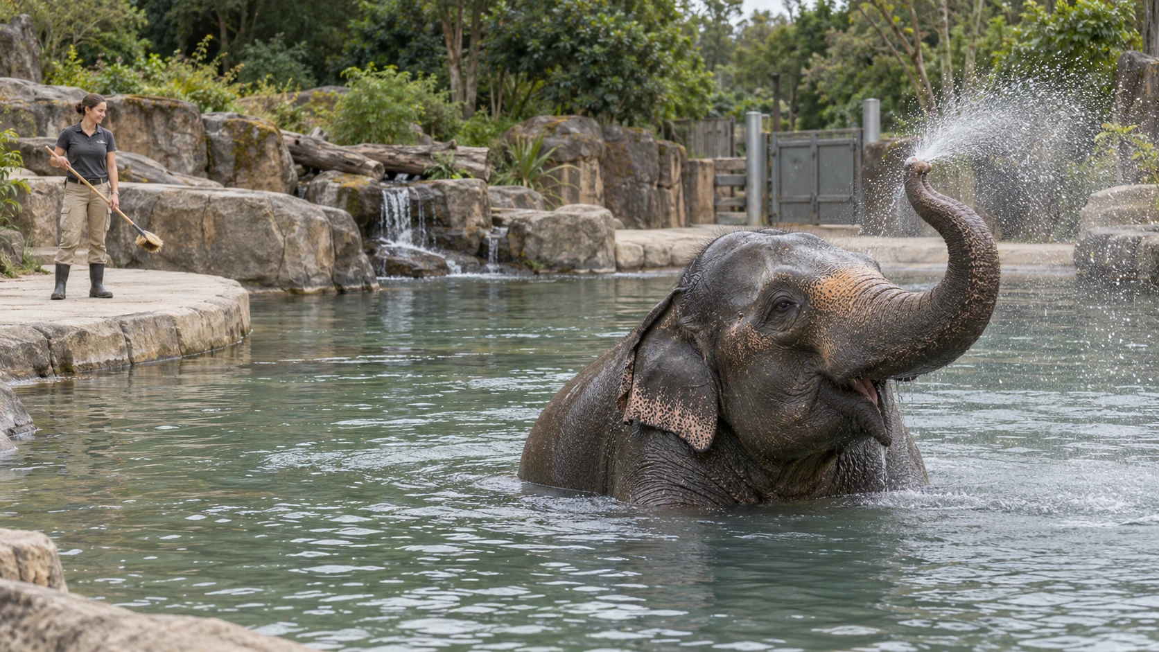 An elephant sprays water in a pool while a fictional keeper stands on a stone ledge.