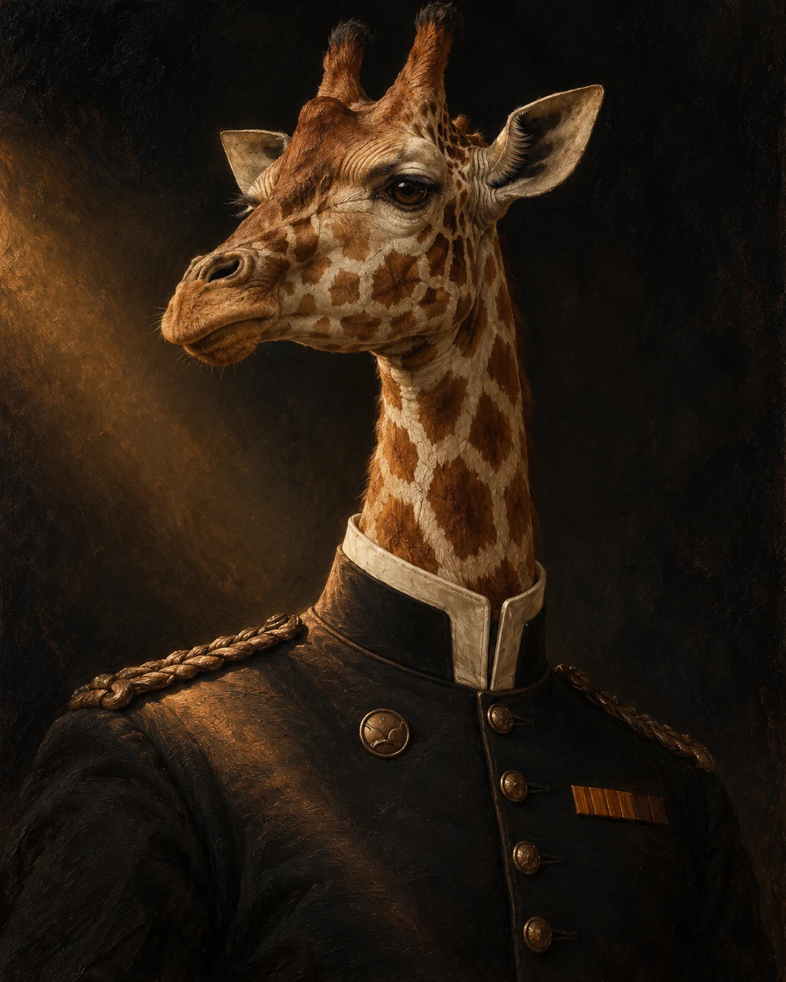 A stern giraffe officer wears a charcoal military coat with bronze braid and an ivory collar.